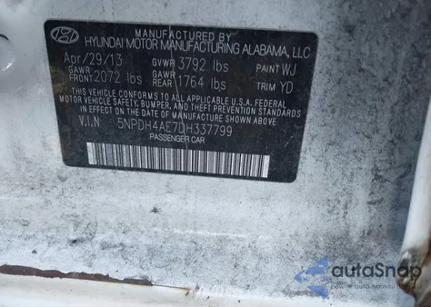 2013 Hyundai Elantra Gls z USA, uszkodzony, nr VIN 5NPDH4AE7DH337799